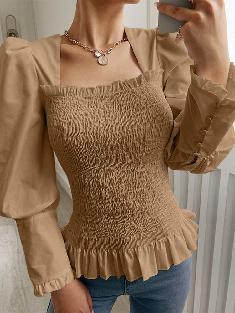 CHICDEAR Vintage Pleated Long Puff Sleeve Tunic Tops Women Elegant Solid Color Blusas Fashion Square Collar Ruffled Hem Blouses