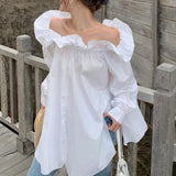 CHICDEAR Women 2023 Fashion Ruffles Blusa Femme Elegant Off Shoulder Hem Slit Long Shirts Oversize Korean Style Casual Blouses