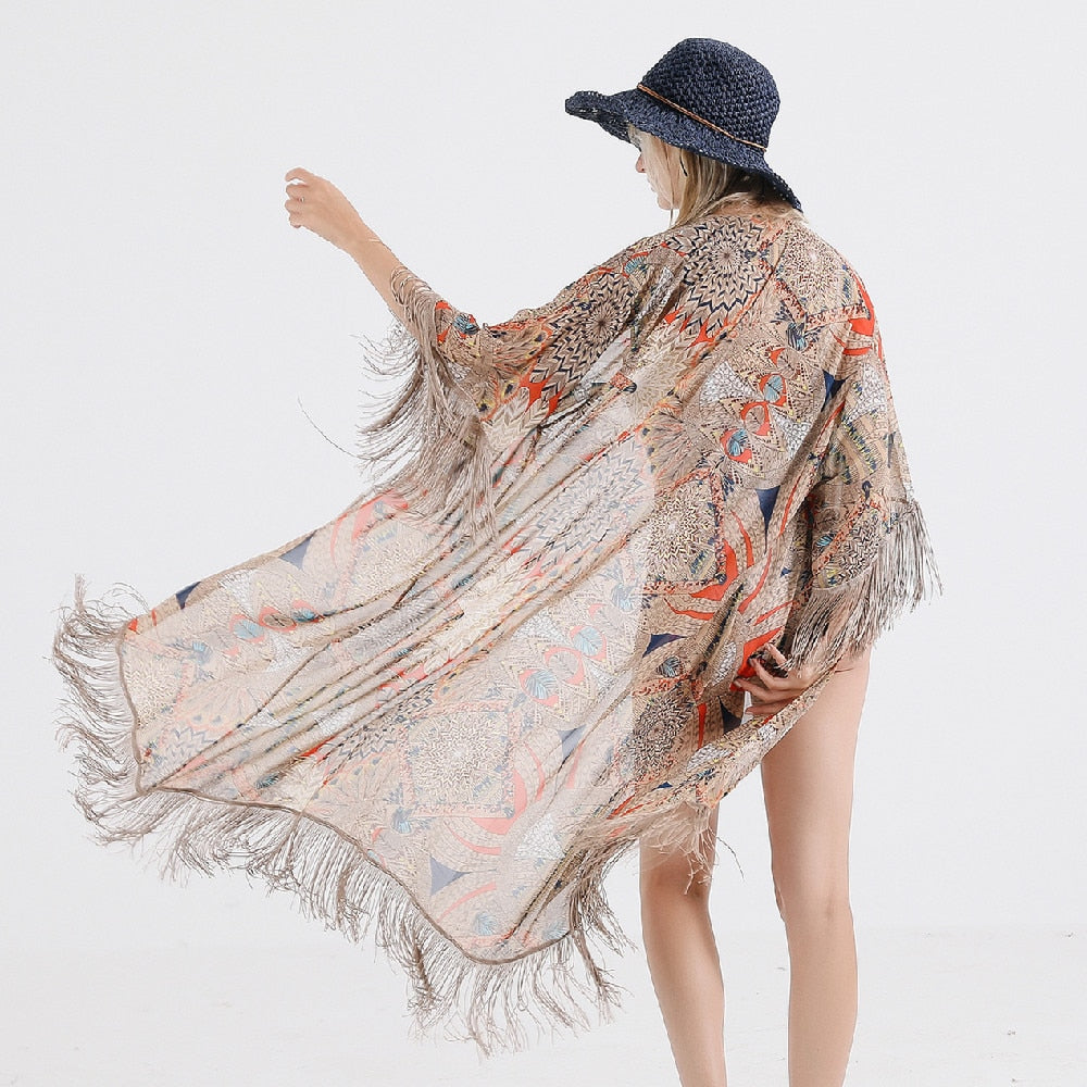CHICDEAR Bohemian Printed Fringed Three Quarter Sleeve Plus Size Long Kimono Cardigan Beach Wear Clothers Women Tops And Blouses A383