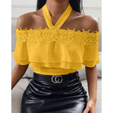 CHICDEAR Fashion Sexy Halter Blouses Short Sleeve Street Back Zipper Women Party Shirts Lace Stitching Ruffles Solid Tunics Tops