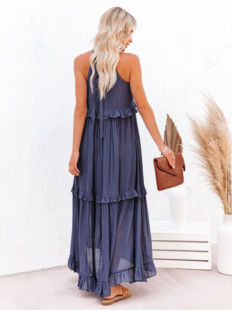 CHICDEAR 2023 Sexy Blue Ruffled Halter Neck Sleeveless Maxi Dress Casual Women Summer Clothes Streetwear Sundress Vestido De Mujer A1228