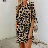 CHICDEAR Sexy Leopard Print Mini Dress Women 2023 Summer Bohemian Beach Dress Half Sleeve O Neck Casual Loose Streetwear Sundress