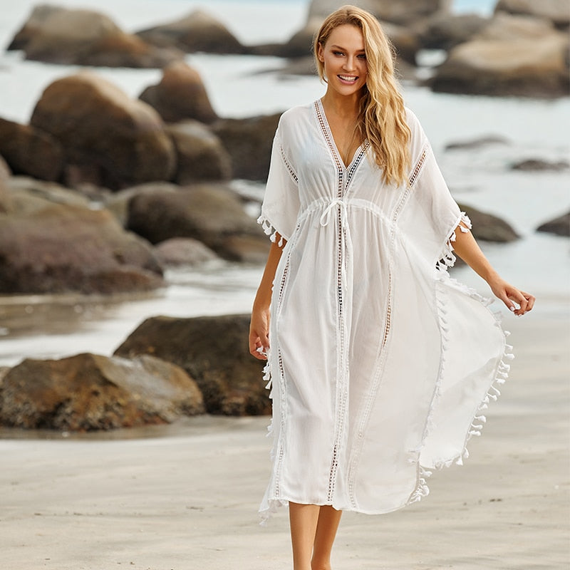 CHICDEAR 2023 Sexy Hollow Out White  Summer Dress Beach Tunic Women Beachwear Long Sleeve Front Open Self Belted Maxi Dresses Q964
