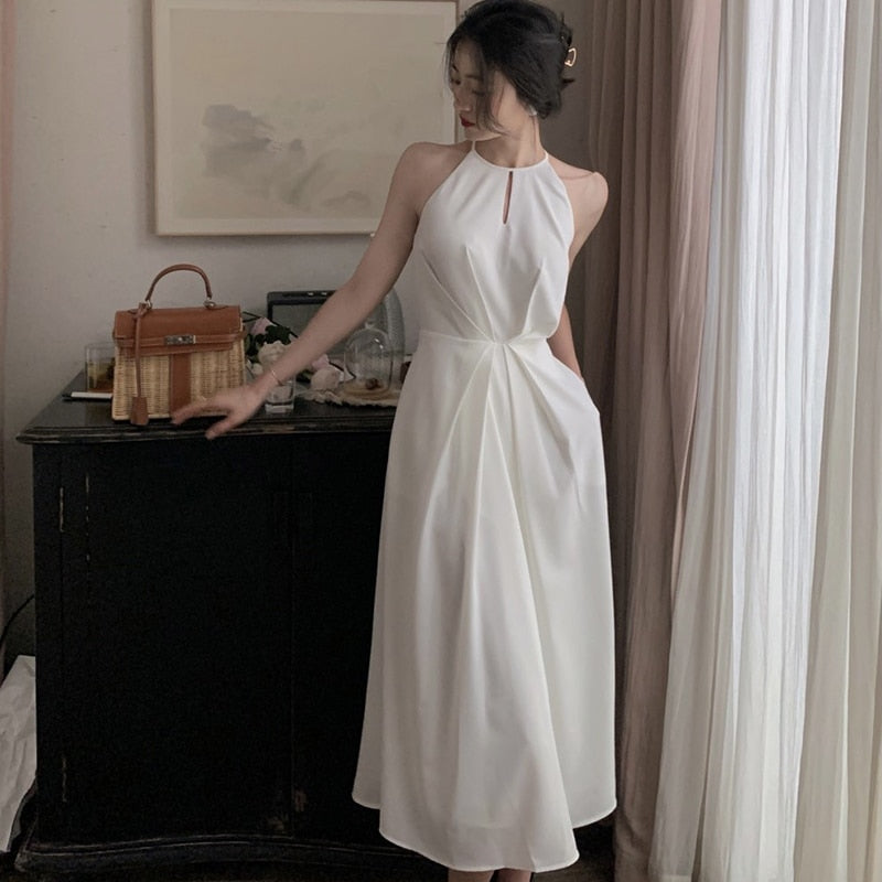 CHICDEAR Elegant Off Shoulder White Dress Women French Style Fashion Halter Strap Dress Female High Waist Evening Party Vestidos