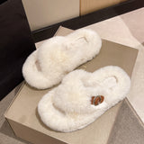 CHICDEAR Short Plush Warm Women Slippers Winter Fur Home Shoes 2023 New Brand Designer Casual Flip Flops Flat Platform Mules Women Boots