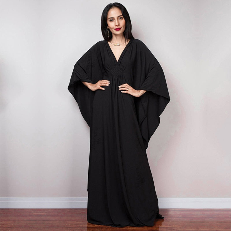 CHICDEAR 2023 Solid V-Neck Batwing Sleeve Plus Size Loose Maxi Dress For Women Summer Beach Wear Kaftan Long Bathing Dresses Q1306