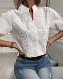 CHICDEAR Summer Women Top Floral Pattern Eyelet Embroidery  Half Sleeve Turn Down Collar Tunic 2023 Elegant Lady Tunic