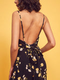 Chicdear Summer Women Midi Dress Slim Floral Print V Neck Fashion Black Lining Backless Holiday Sleeveless Party Long Split Dress