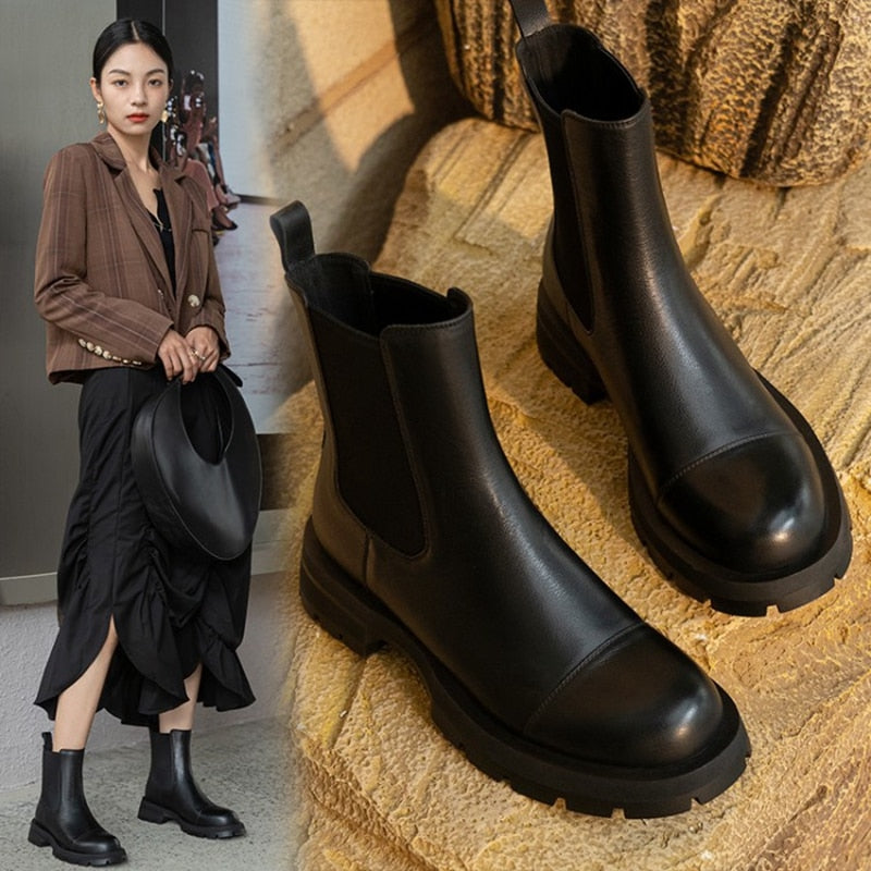 CHICDEAR HOT Sales Fall/Winter Shoes Women Leather Ankle Boots Women Round Toe Thick Heel Shoes Solid Chelsea Boots Casual Women Boots