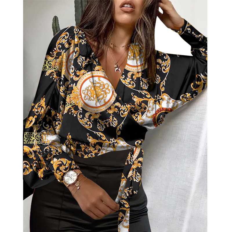 CHICDEAR Vintage Scarf Print Tops Women Fashion Bandage Wrap Shirt Autumn 2023 V-Neck Party Blouses Lantern Sleeve Blusas Femme