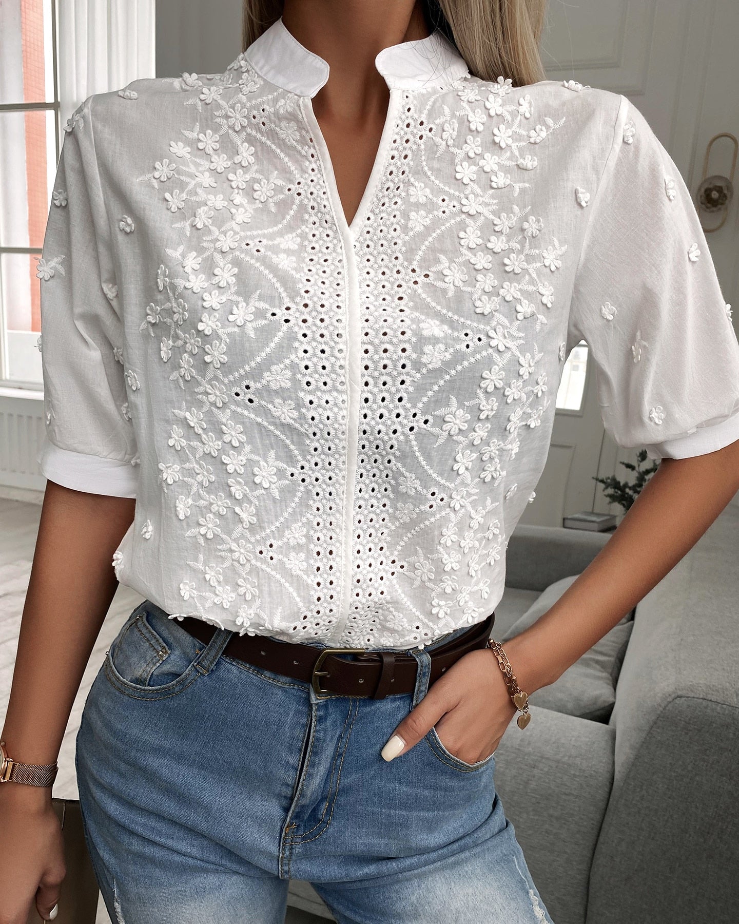CHICDEAR Summer Women Top Floral Pattern Eyelet Embroidery  Half Sleeve Turn Down Collar Tunic 2023 Elegant Lady Tunic