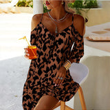 CHICDEAR Summer Off Shoulder Beach Robe 2023 Women Straps Leopard Print Bohemian Short Dresses 2023 Bohemian Holiday Mini Dress