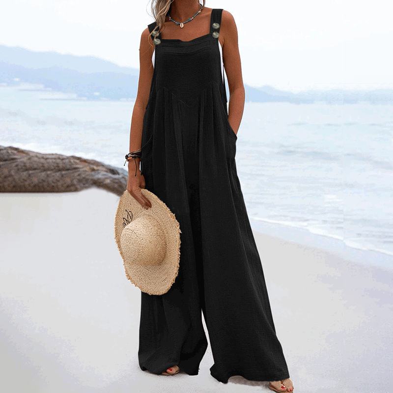 CHICDEAR Holiday Casual Loose Jumpsuits Women Wide Leg Pant Pockets Fashion Long Rompers Solir Color Summer Bib Strappy Overalls