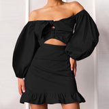 CHICDEAR 2023 Fashion Dress Sets Sexy Off Shoulder Lantern Sleeve Short Tops And Ruffles Hem Mini Skirts Suits Women 2 Piece Sets