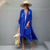 CHICDEAR 2023 New Bohemian Navy Blue Retro Embroidered Short Sleeve Maxi Dress For Women Plus Size Beachwear Vintage Long Kaftan Q1378