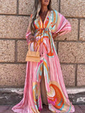 CHICDEAR Elegant Gorgeous Printing Dress Plus Sizewomen Casual Elastic Waist Long Party Dress 2023 Summer Loose Slit Beach Dress A932