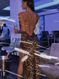 CHICDEAR 2023 Fashion Leopard Long Sundress Sexy See Through Spaghetti Strap Maxi Dress Women Summer Clothes Party Slip Dresses A1257