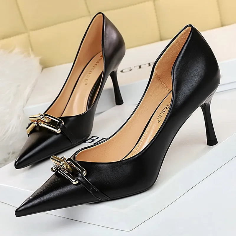 Chicdear -  Shoes Elegant Women Pumps Metal Button Kitten Heels Women Shoes Stiletto Banquet Shoes Pointed High Heels Large Size 43