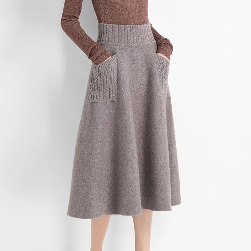 CHICDEAR Autumn Winter Women Wool Knit Midi Skirt Korean High Waist Mid-Length Skirts Female Fashion Pockets Office A-Line Skirt