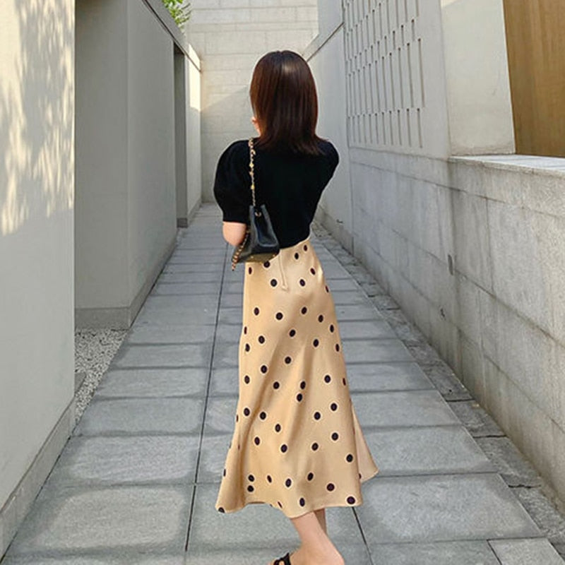 CHICDEAR Silk Satin High-Waisted Skirt For Women Summer Elegant Dot Printing Long Skirts Female Korean Office A-Line Skirts 2023