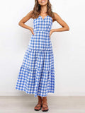 CHICDEAR Summer Casual Party Sundress Women Plaid Sleeveless Pleated Maxi Dress Sexy Spaghetti Strap V Neck Bohemian Beach Robes