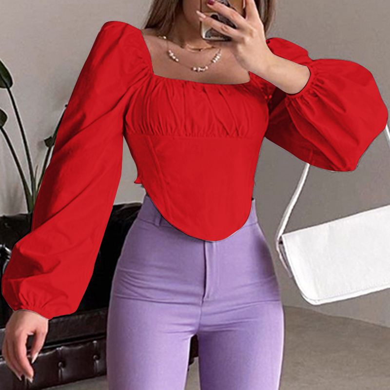 CHICDEAR Women Holiday Shirts 2023 Autumn Square Collar Blusa Elegant Pleats Blouse Puff Long Sleeve Solid Color Fashion Short Top