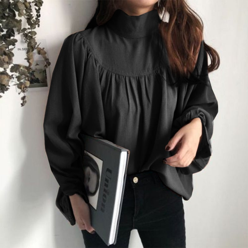 CHICDEAR High Collar Solid Blusas Fashion Women Elegant Lady Long Puff Sleeve Blouses Shirred Pleats Casual Office Holiday Tunic