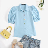 CHICDEAR Solid Color Lapel Collar Blusas Buttons 2023 Summer Puff Short Sleeve Women Shirt All-Match Elegant Casual Tops Blouse