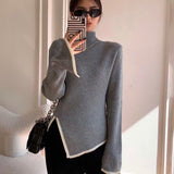 CHICDEAR Women's Turtleneck Sweater And Pullover Winter 2023 New Side Slit Knitted Sweaters Female Long Flare Sleeve Knitwear