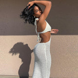 CHICDEAR Long White Crochet Tunic Sexy High Cut Hollow Out Maxi Dress 2023 Summer Clothes Women Beach Wear Club Party Evening Dress A1394