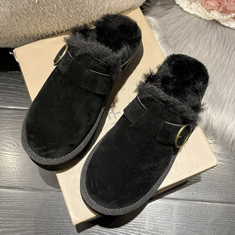 CHICDEAR Winter Women Fur Slippers Warm Boots Platform Flip Flops 2023 New Short Plush Flats Home Cotton Shoes Suede Mules Ladies Boots
