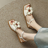 Chicdear Womens Square Peep Toe 3D Flowers Sandals Flats Japanese Harajuku Girls Lolita Shoes Summer New 2023