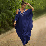 CHICDEAR 2023 Sexy Cold Shoulder V Neck Bats Sleeve Loose Summer Beach Dress Plus Size Women Beachwear Kaftan Black Dress Q943