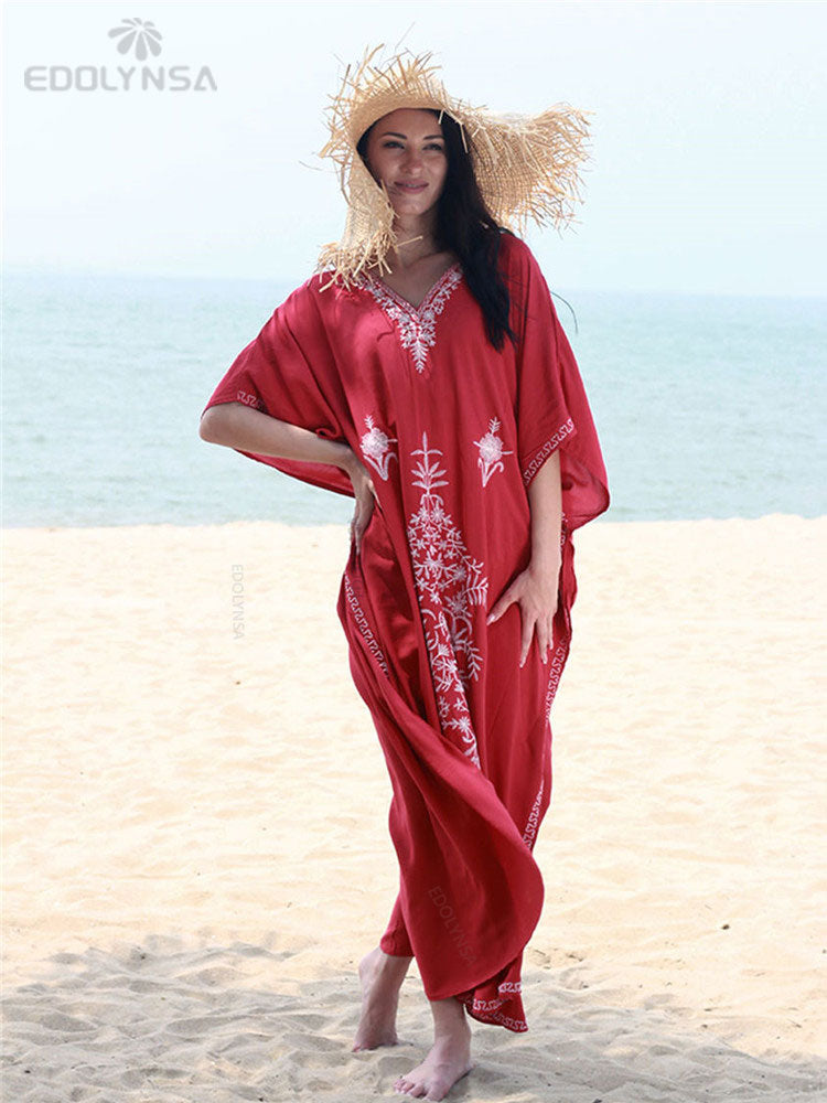 CHICDEAR 2023 Red Bohemian Floral Embroidered Loose Summer Beach Dress Moroccan Caftan Plus Size Women Street Wear Midi Dress Sarong Q855