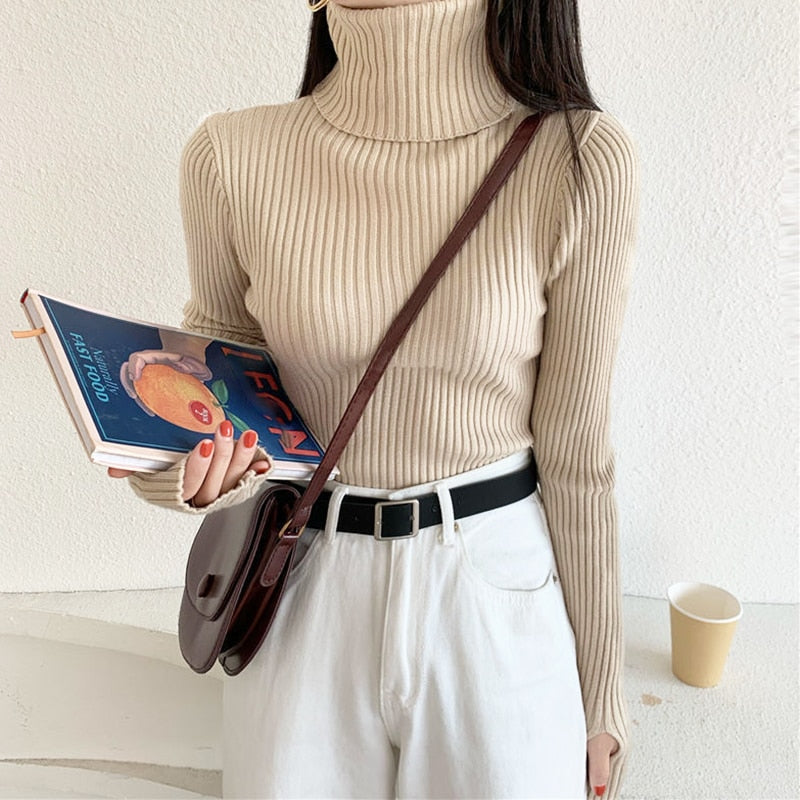 CHICDEAR Women's Turtleneck Sweaters And Pullovers 2023 Spring New Slim Fit Knitted Pullover Female Solid Ribbed Elastic Sweater