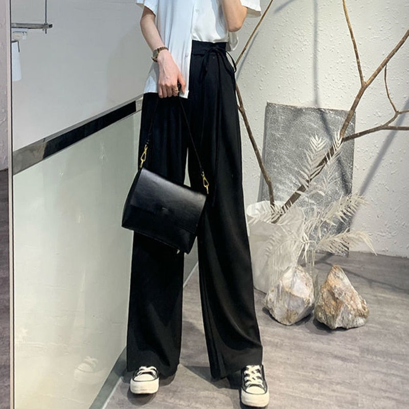 CHICDEAR Women's Office Suit Pants 2023 Spring Summer Lace Up High Waist Wide Leg Pants Woman Casual Loose Straight Trousers