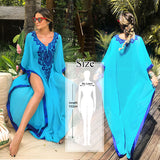 CHICDEAR 2023 Blue Bohemian Embroidered Batwing Sleeve Side Split Summer Beach Dress Chiffon Tunic Women Plus Size Beachwear Kaftan Q746