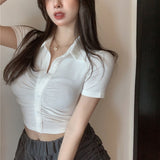 CHICDEAR White Pink Crop Top For Women Korean Slim Fit Folds Buttons Turndown Collar T-Shirts Woman Sexy High Waist Club T Shirt