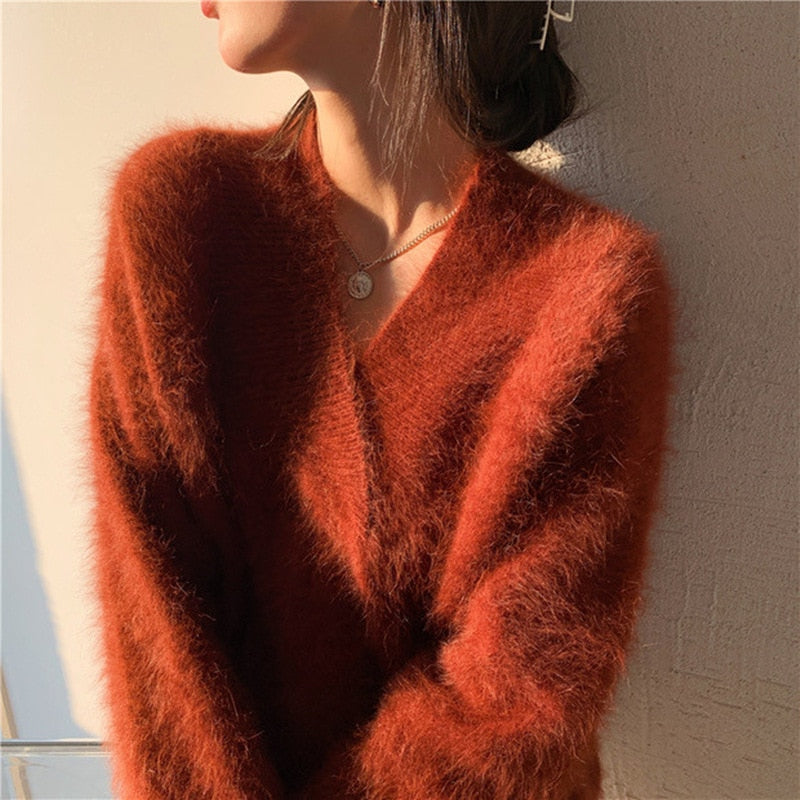 CHICDEAR 2023 Women Spring Knitwear Sweater Jumpers Mohair V-Neck Mink Fur Sweater Pullover Korean Solid Fake Fur Chic Sweater Coat