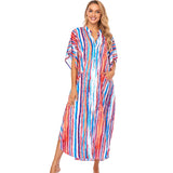 CHICDEAR 2023 Causal Striped V-Neck Button Front Open Summer Beach Dress Blue Tunic Women Plus Size Clothes Maxi Dresses Q1097