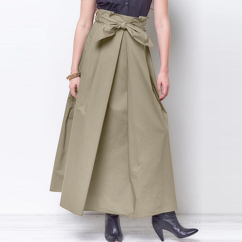 CHICDEAR All-Match Women Long Skirts Pleats Bandage Elegant Pockets Skirt 2023 Spring High Waist Office Lady Casual Maxi Jupes