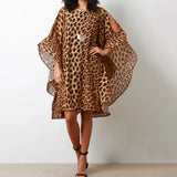 CHICDEAR Women Bat Sleeve Robes Sexy 2023 Summer Mini Dress Casual Loose Hollow Out Sundress Leopard Print Fashion O-Neck Vestidos