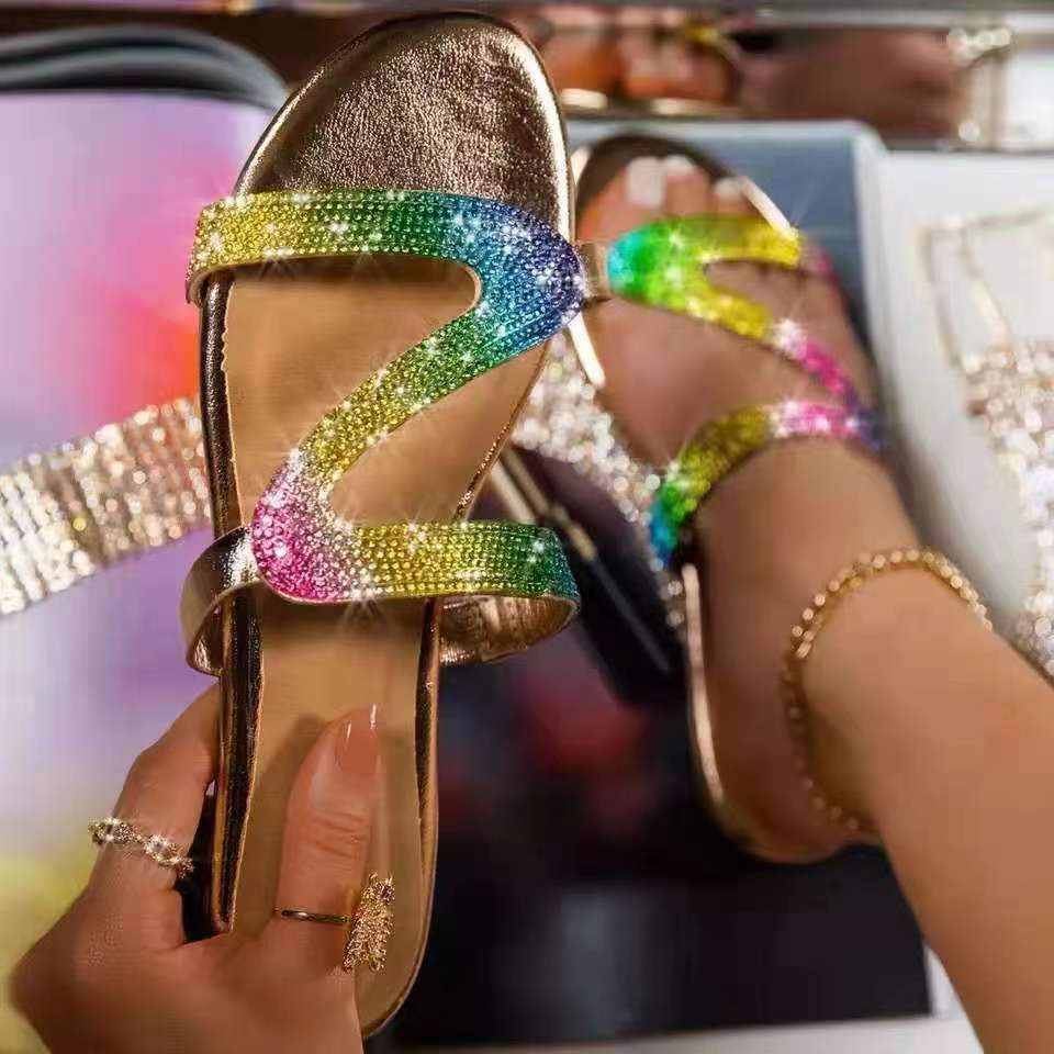 CHICDEAR Women Flats Crystal Slippers Summer Sandals 2023 New Fashion Rome Beach Slides Casual Soft Flip Flops Bohemian Women Shoes Mujer