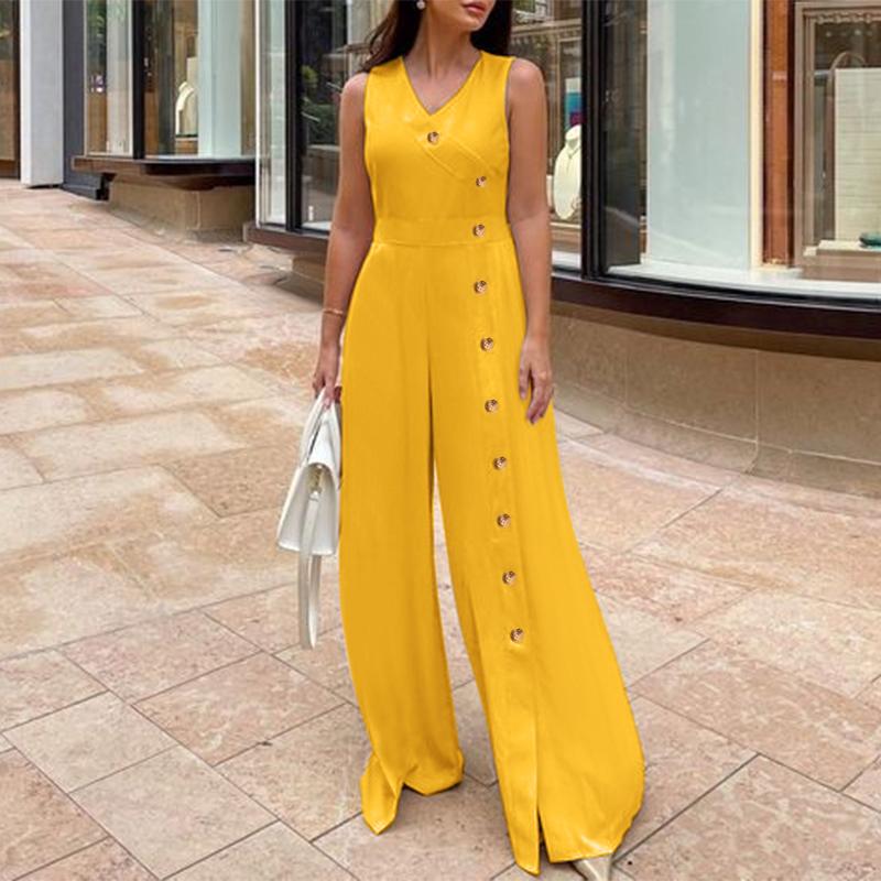 CHICDEAR Fashion Wide Leg Pant Jumpsuits Women 2023 Summer Sleeveless V Neck Waisted Long Rompers Casual Buttons Split Playsuits