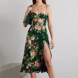 Chicdear Summer Women Midi Dress With Lining Floral Print Strapless Elastic A-Line Holiday Sleeveless Party Long Split Dress