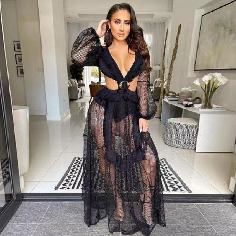 CHICDEAR Sexy Deep V-Neck Cut Out Long Sleeve Maxi Dress Long White Lace Tunic Party Women Clothes 2023 Summer Beach Dress A1049