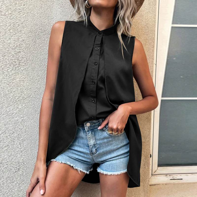 CHICDEAR Streetwear Fashion Shirts Layered Chic Sleeveless Long Blouse O-Neck Femme Casual 2023 Women Chemise Summer Buttons Blusa