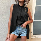 CHICDEAR Streetwear Fashion Shirts Layered Chic Sleeveless Long Blouse O-Neck Femme Casual 2023 Women Chemise Summer Buttons Blusa