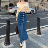 CHICDEAR Blue High Waist Mermaid Skirts For Women Korean Fashion Asymmetrical Denim Skirts Woman Folds Split Long Bodycon Skirt