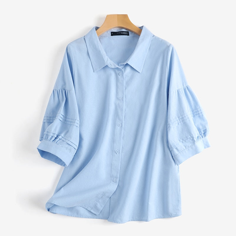 CHICDEAR Pleated Cotton Linen Shirts 2023 Summer Women Tops 3/4 Lantern Sleeve Elegant Shirt All-Match Casual Lapel Collar Blouse